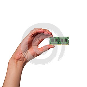 RAM module in the motherboard of a computer, laptop holding in hand, replacement and repair of computer components, increasing the