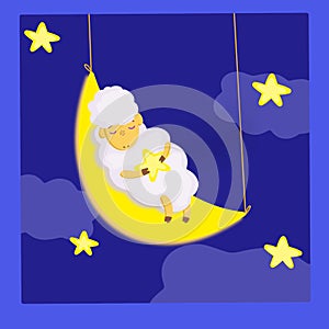 A ram on the moon. The animal is sleeping. Children`s illustration. Drawing for the book.