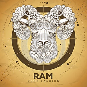 Ram or mouflon face silhouette with gears on old paper texture background. Punk style.