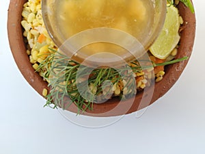 Ram Navami Hindu Festival Food Musk Melon Cool drink, Hesaru Bele with Lemon in a Sand Bowl  on White Background