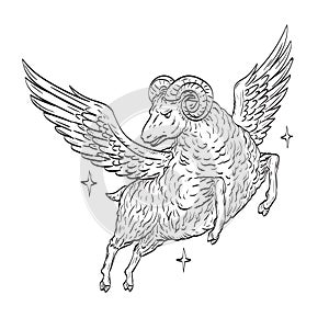Ram Sheep with Wings Flying in Night Sky Symbol of the Golden Fleece Comics Style Drawing