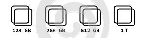 Ram ssd icon. Vector computer memory chip icons. 128 256 512 GB symbol