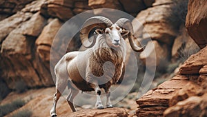 A ram standing on top of a rock with large horns