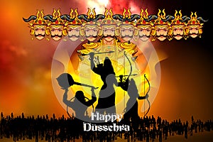 Rama killing Ravana with Hindi massage meaning Happy Dussehra background showing festival of India