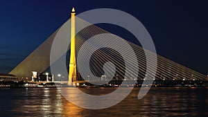 Rama VIII bridge in Bangkok at twilight.