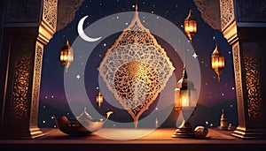 ramadan 2024 islamic calendar background with islamic ornaments, lanterns, crescent moon on starry night sky