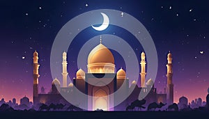 ramadan 2024 islamic greeting card, wallpaper with mosque and crescent moon on the starry night sky