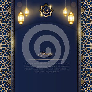 Ramadan Arabic Islamic Blue and Golden Pattern and Decorative Lanterns