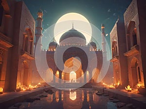 Ramadan Atmosphere: Beautiful Low-Poly Mosque in Cinematic Glory Generated by AI