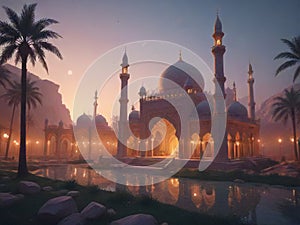 Ramadan Atmosphere: Beautiful Low-Poly Mosque in Cinematic Glory Generated by AI