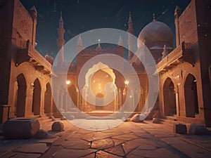 Ramadan Atmosphere: Beautiful Low-Poly Mosque in Cinematic Glory Generated by AI