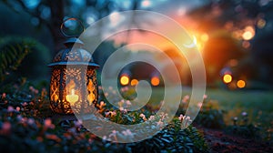 ramadan background, arabic lantern on grass