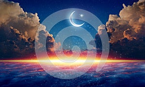 Ramadan background with bright crescent, stars and glowing horizon