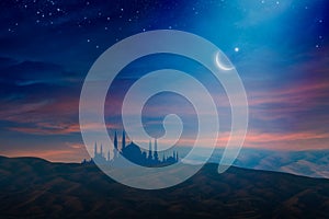 Ramadan background with crescent, stars and glowing clouds above mosque on mountains. Month of Ramadan is that in which was