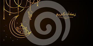 Ramadan background design, golden Crescent moon and star, islamic mosque art background vector with hanging lantern