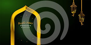 Ramadan background design, golden Crescent moon and star, islamic mosque art background vector with hanging lantern