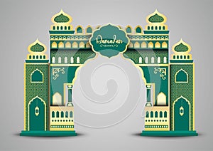 Ramadan background with golden event entrance arch, with golden arabic pattern, background for holy month of muslim community photo