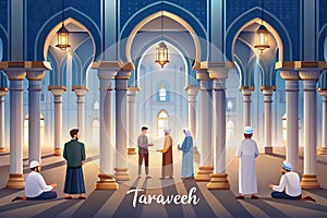 Ramadan background showcasing serene prayer scenes inside a grand mosque illuminated with traditional lanterns photo