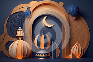A Ramadan banner with a modern 3D design in royal blue and peach monotones features a display podium with a metal moon, mosque photo