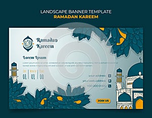 Ramadan banner template with mosque and green grass background in hand drawn design