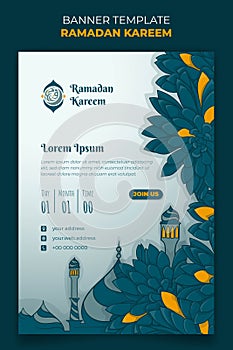 Ramadan banner template in portrait design with minaret and green grass background design