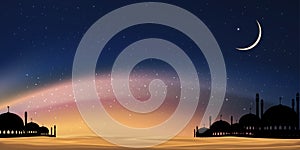 Ramadan card with Mosques dome,Crescent moon on blue sky background,Vertical banner Ramadan Night with twilight dusk sky for