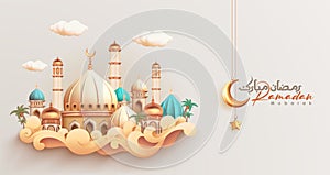 Ramadan celebration banner with mosque and elegant Arabic calligraphy Ramadan Mubarak, 3d vector illustration