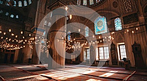 Ramadan customs depicted through mosque interiors and cultural assemblies