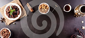 Ramadan dates nuts tea and prayer beads flat lay composition