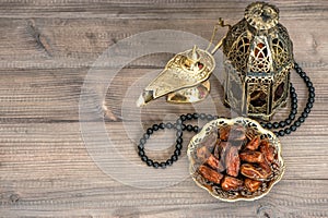 Ramadan decoration. Dates, arabian lantern and rosary