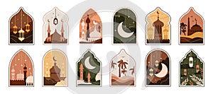 Ramadan Eid Mubarak. Modern Islamic pattern. Ramzan post art with Boho arch. Card with Arabian mosque towers and moon