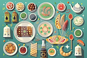 Ramadan Food, Ramadan kareem mubarak and party eat food and drink dinner of muslim, Flat design style