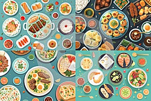 Ramadan Food, Ramadan kareem mubarak and party eat food and drink dinner of muslim, Flat design style