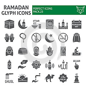 Ramadan glyph icon set, islamic symbols collection, vector sketches, logo illustrations, muslim signs solid pictograms
