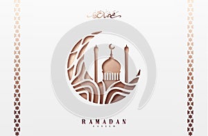 Ramadan greeting card with arabic calligraphy Ramadan Kareem. Islamic background half a month with mosques