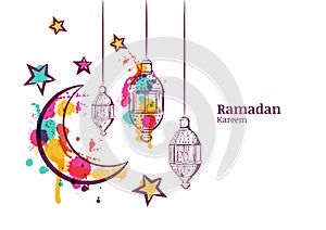 Ramadan greeting card or banner horizontal background. Traditional watercolor lanterns, moon and stars.