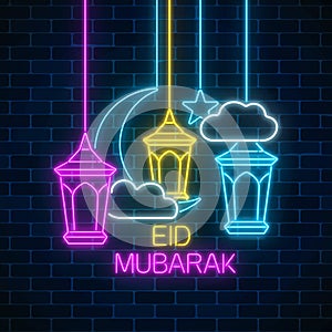 Ramadan greeting card with fanus lanterns, star and crescent. Eid mubarak greetings Glowing neon ramadan holy month sign