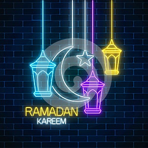 Ramadan greeting card with fanus lanterns, star and crescent. Glowing neon ramadan holy month sign