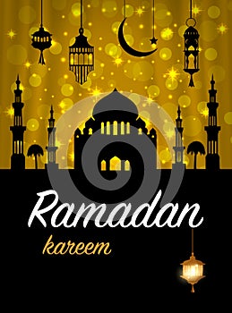 Ramadan greeting card. Mosque with islamic symbols. Vector illustration.