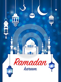 Ramadan greeting card. Mosque with islamic symbols. Vector illustration.
