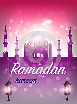 Ramadan greeting card. Mosque with islamic symbols. Vector illustration.