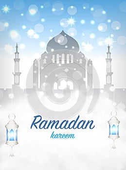 Ramadan greeting card. Mosque with islamic symbols. Vector illustration.