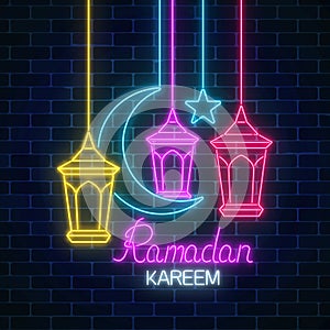 Ramadan greeting card with star, crescent and fanus lanterns. Glowing neon ramadan holy month sign