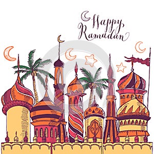 Ramadan greeting illustration with silhouette of mosque. Multicolor seamless background. Ramadan Kareem. Creative design