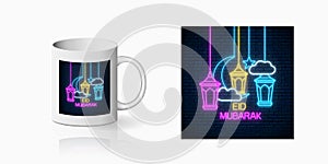 Ramadan greeting text with fanus lanterns, star and crescent design, banner in neon style on mug mockup