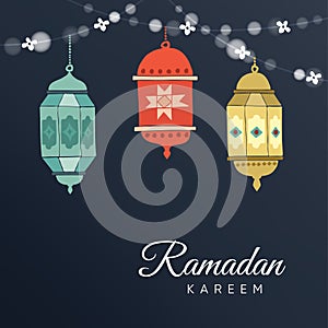 Ramadan hand drawn Arabic lanterns with a string of lights.