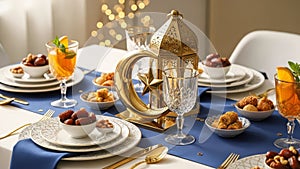 Ramadan Iftar dinner table set with dates, sweets, and a decorative golden lantern and crescent.