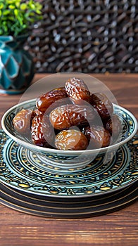 Ramadan iftar medjool dates on plate with copy space