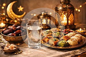 Ramadan Iftar Table With Dates Water And Traditional Sweets In Warm Golden Lantern Light