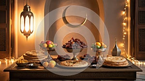 Ramadan iftar table setting with dates sweets and lanterns